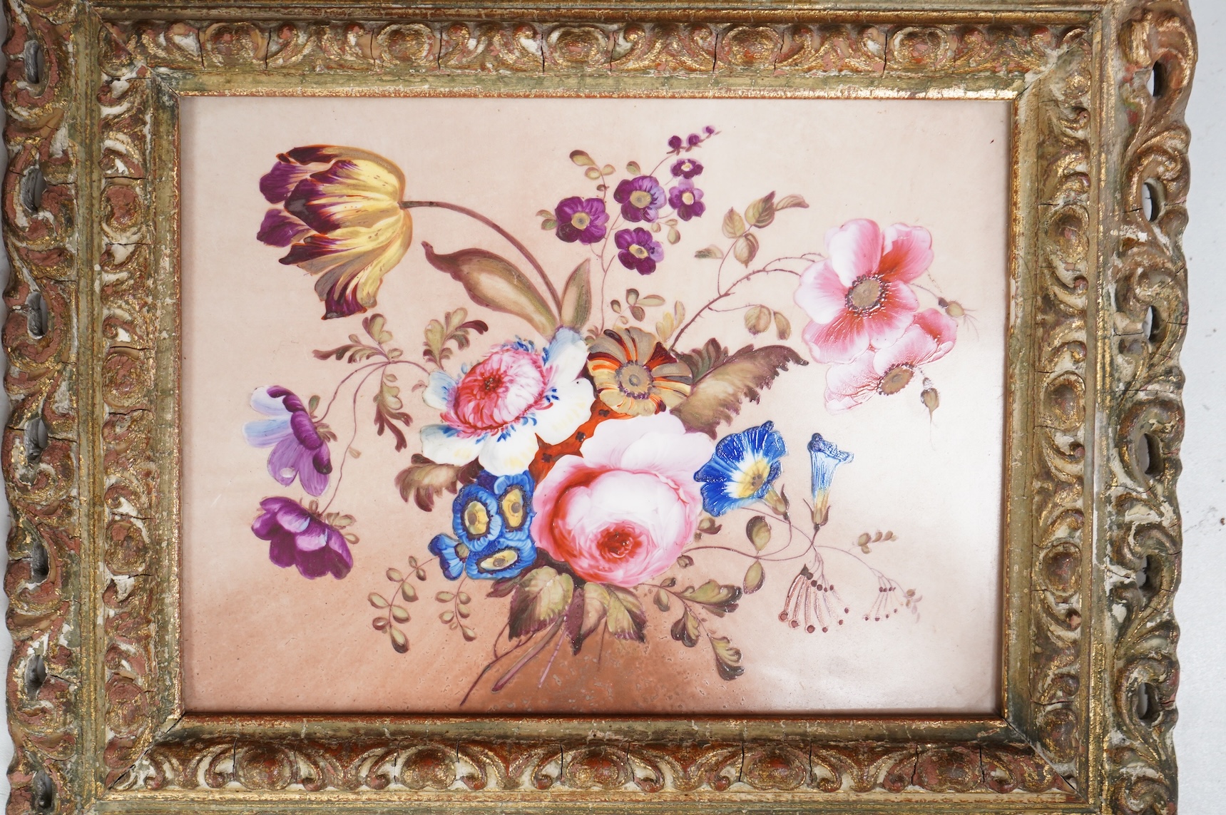 Two 19th century English porcelain flower or fruit painted plaques, each framed, largest overall 25 x 30cm